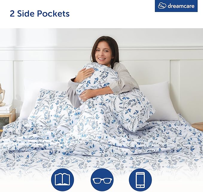 DREAMCARE Twin Size Sheets - Cooling Bed Sheets - Twin Sheet Set - Soft & Long Lasting 100% Fine Brushed Floral Blue Sheets