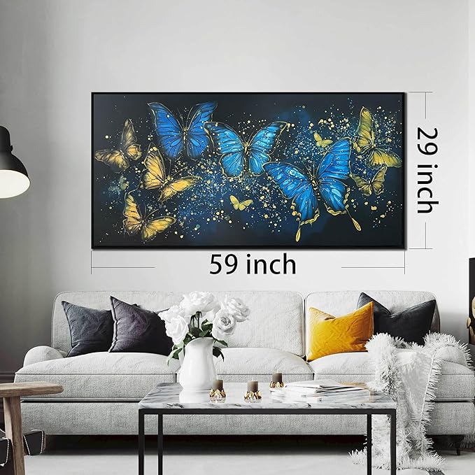 Bedroom Butterfly Pictures Wall Decor for Women - Gold and Blue Wall Art for Living Room - Framed Hand Painted Oil Paintings on Canvas Wall Art Size 29" x 59"