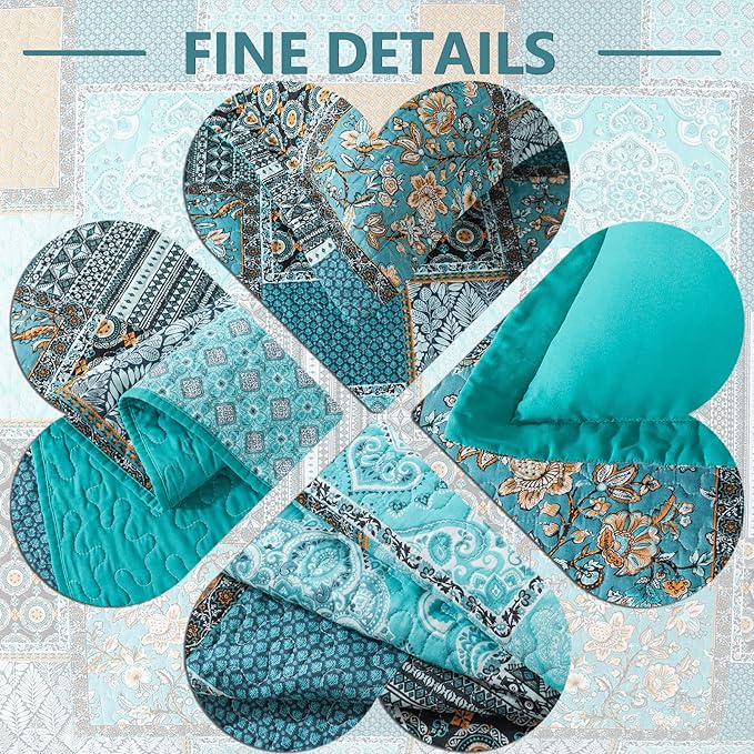 VAPUTAR King Size Quilt Bedding Set - Soft Cotton King Size Bedspreads (98 * 106 in) - Lightweight Patchwork Floral Quilts for Farmhouse Bedroom (Teal/Green Chic, 3 Pieces)