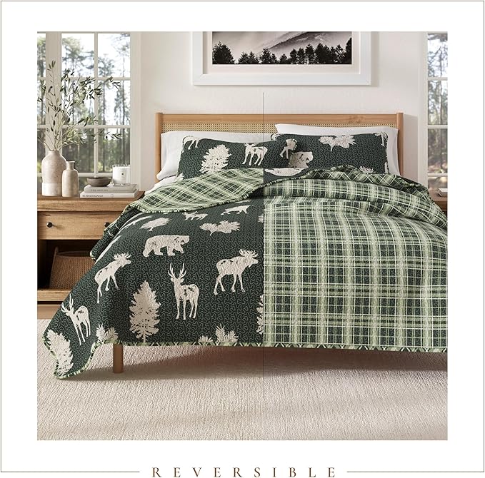 Lodge Bedspread King Size Quilt with 2 Shams. Cabin 3- Piece Reversible All Season Quilt Set. Rustic Quilt Coverlet Bed Set. Rio Ridge Collection (Forest Green)
