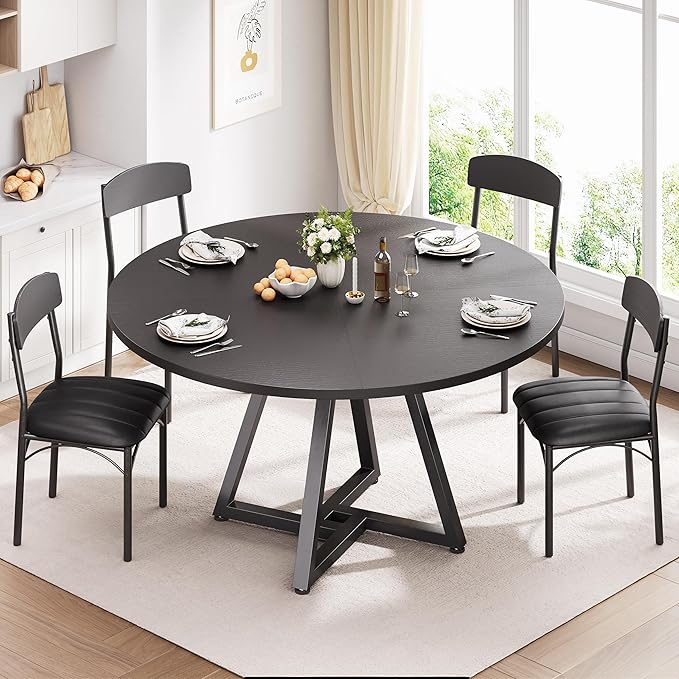 42“ Round Kitchen Dining Room Table for 2-4, Circle Dining Dinner Table with Pedestal Metal Frame, Space Saving Wood Industrial Furniture for Small Space (Black, 42IN)