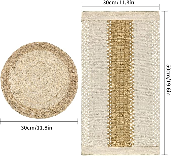 Handmade Boho Placemats Set of 6 - Natural Cotton Burlap and Water Straw Woven Combination Table Mats, Macrame Décor and Farmhouse Style Placemats, for Dining Table Kitchen