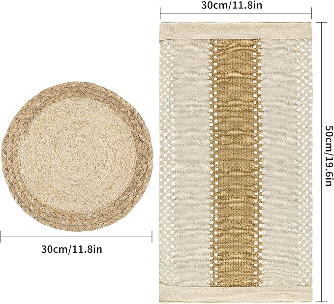 Handmade Boho Placemats Set of 4 - Natural Cotton Burlap and Water Straw Woven Combination Table Mats, Macrame Décor and Farmhouse Style Placemats, for Dining Table Kitchen