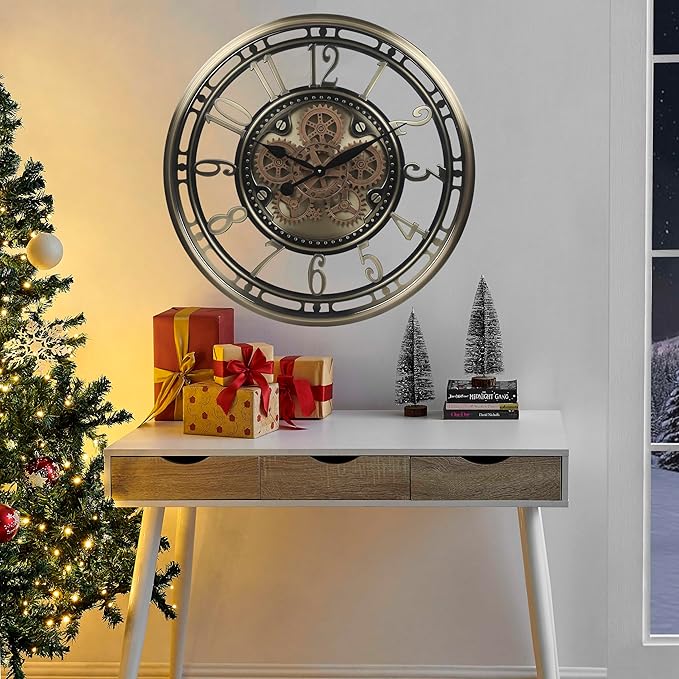CLXEAST 28 Inch Large Moving Gear Wall Clock for Living Room Decor, Modern Farmhouse Wall Clock for Home Office,Brass Gold,House Warming Gifts New Home