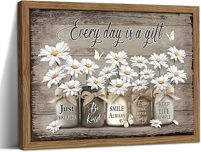 Rustic Bathroom Wall Art, Vintage Daisy Farmhouse Canvas Wall Decor Paintings, Flower Butterfly Inspirational Posters Prints Pictures Artwork for Bathroom Restroom 16x24 Inch Wood Framed