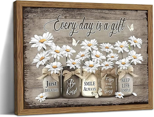 Rustic Bathroom Wall Art, Vintage Daisy Farmhouse Canvas Wall Decor Paintings, Flower Butterfly Inspirational Posters Prints Pictures Artwork for Bathroom Restroom 16x24 Inch Wood Framed