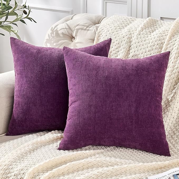 GAWAMAY Decorative Square Throw Pillow Covers 18"x18" Inch Set of 2, Super Soft Chenille Pillows Farmhouse Fall Pillowcase for Living Room Bedroom Sofa Couch Cushion Cover Purple 45x45cm (No Insert)