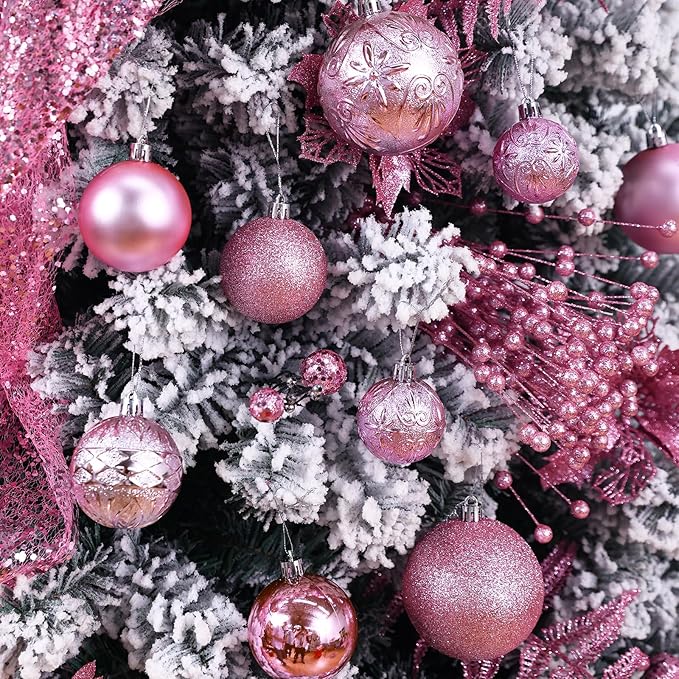 Wironlst Christmas Ball Ornaments - 30pcs Shatterproof Plastic Christmas Ornaments Hanging Ball Decorations for Xmas Tree, Holiday, Wedding, Party (Multi-Size, Pink)