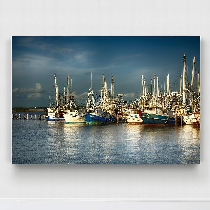 Renditions Gallery Wall Hanging Art Pictures & Prints Shrimp Boats Docked in Pier Canvas Artwork for Bedroom Living Room Office Wall Decor - 32"X48" LT08
