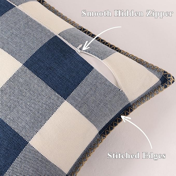 decorUhome Buffalo Plaid Check Throw Pillow Covers 12x20 Set of 2, Outdoor Lumbar Linen Decorative Farmhouse Gingham Pillow Covers with Stitched Edge for Bed Couch Sofa, Navy Blue and White