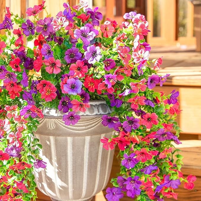 Artificial Flowers for Outdoors Decoration, 2Pcs Fake Hanging Spring Summer Decor, Purple and Hotpink Realistic Plants, UV & Fading Resistant Silk Flower for Porch Patio Balcony Planter Yard