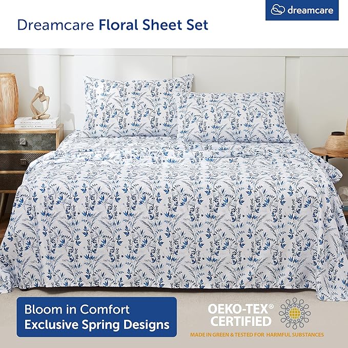 DREAMCARE Twin Size Sheets - Cooling Bed Sheets - Twin Sheet Set - Soft & Long Lasting 100% Fine Brushed Floral Blue Sheets