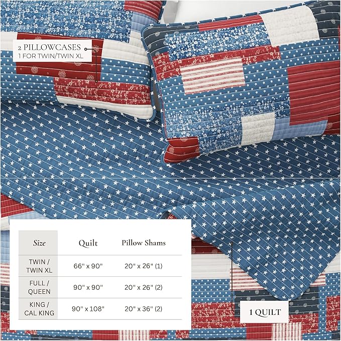 Great Bay Home 2-Piece Twin/Twin XL Microfiber Quilt Set with Shams - Americana Patchwork Reversible Design - Lightweight, All-Season, Layerable Bedding Set