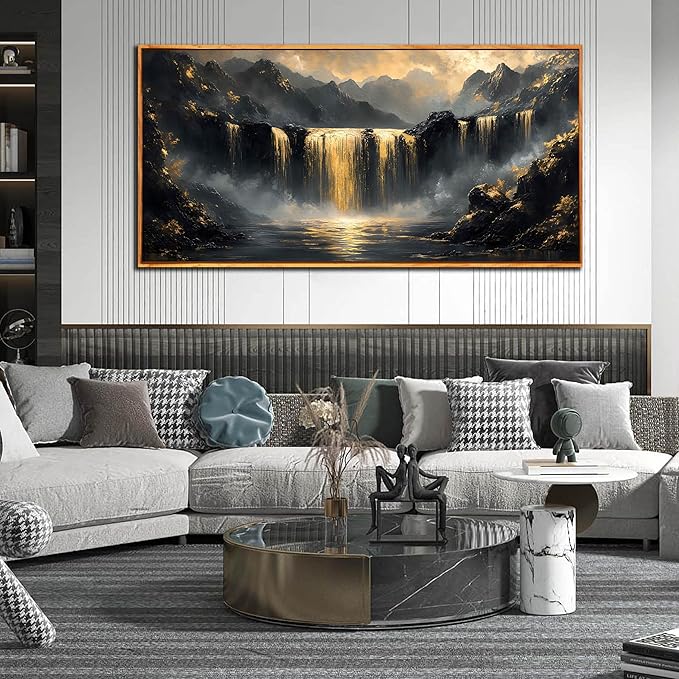 Black Mountain Canvas Wall Art for Bedroom - Gold Waterfall Art Wall Decor for Living Room - Wooden Framed Wall Art for Office Size 29" x 59"