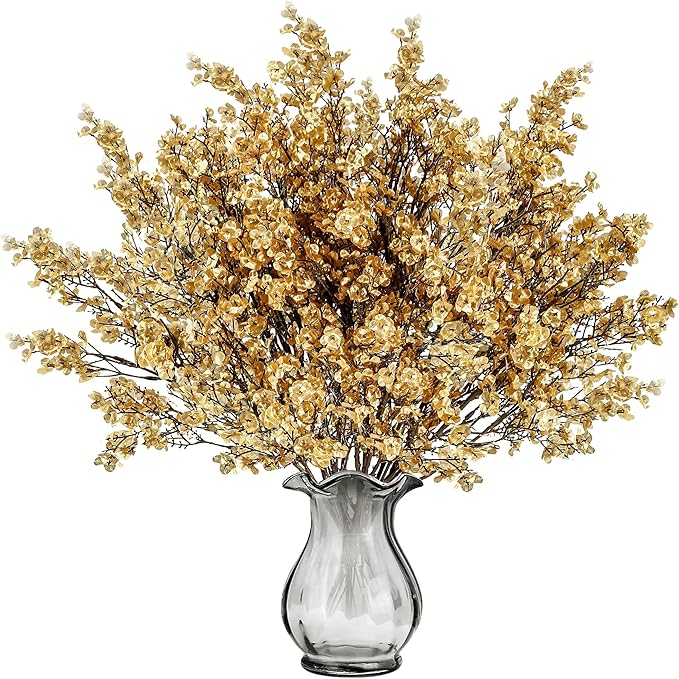 Sggvecsy 15 Pcs Babys Breath Artificial Flowers Gypsophila Bouquets Bulk Real Touch Fake Silk Flowers for Home Wedding DIY Floral Arrangement Kitchen Table Centerpiece Christmas Decoration (Gold)