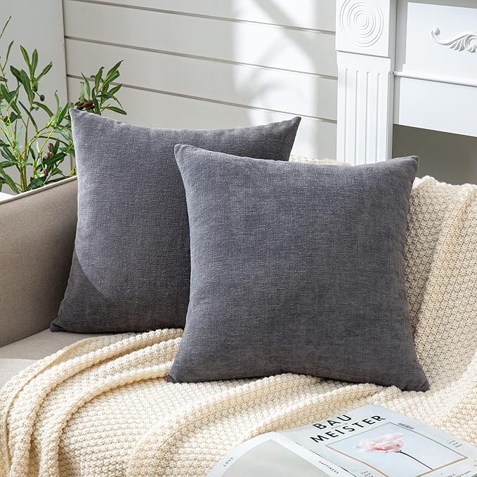 GAWAMAY Decorative Chenille Throw Pillow Covers 26x26 Inch Pack of 2, Soft Square Couch Pillow Cover for Sofa Cushion Living Room Bedroom Solid Dyed Oversized Pillowcases Grey 66x66cm (ONLY Covers)