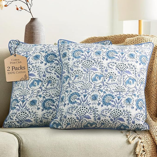 CPC 100% Cotton Throw Pillow Covers 18x18 Inch, Set of 2 Blue Block Print Pattern Couch Pillow, Cute Boho Decorative Pillows for Living Room, Bedroom with Hidden Zipper- Indigo Blue