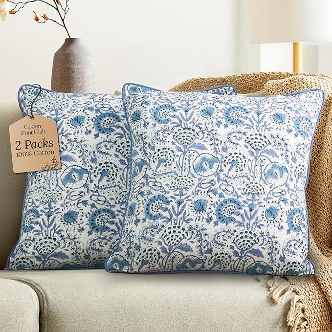 CPC 100% Cotton Throw Pillow Covers 20x20 Inch, Set of 2 Blue Block Print Pattern Couch Pillow, Cute Boho Decorative Pillows for Living Room, Bedroom with Hidden Zipper- Indigo Blue