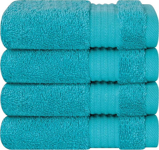 Cotton Paradise 100% Cotton Turkish Washcloth Set for Bathroom, 4 Piece Soft Absorbent Small Hand Face Towels Wash Rags, Aqua Blue