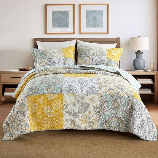 Secgo King Size Comforter Set- 100% Cotton Quilt King Size Set, Green, Sage bedspreads (96 * 108 Inch) with 2 Pillow Shams, Patchwork Reversible Lightweight Bedding