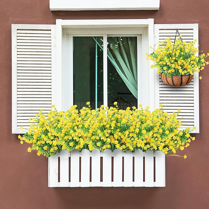 Sggvecsy Artificial Flowers for Outdoors 12 Bundles UV Resistant Boxwood Shrubs Artificial Eucalyptus Fake Plants Faux Plastic Greenery for Farmhouse Garden Home Indoor Outdoor Decoration（Yellow）