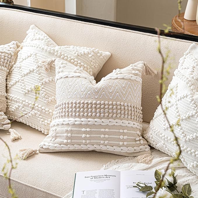 Boho Throw Pillow Cover 22X22, Large Decorative Accent Pillow for Couch, Square Woven Textured Pillowcase, Modern Boho Pillow for Bed, Bohemian Pillow Cover, Cream White (Pack of 1)