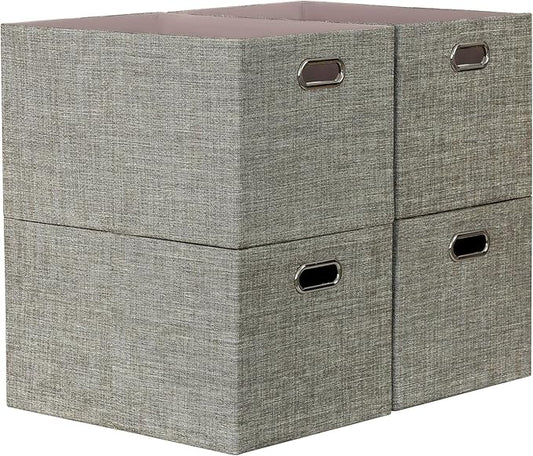 Closet Organizers and Storage Bins, Linen Baskets for Organizing, Collapsible Home Organization Boxes with Handles, Decorative Containers for Clothes, 16.25x12x10 Inch, 4 Pack, Coffee