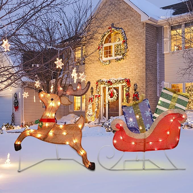 Prsildan Christmas Lighted Decoration 25" x 44" Reindeer, 50 Lights Christmas Reindeer with Sleigh & Gift Boxes, Light up Decorations for Indoor Outdoor Home Kitchen Yard Garden Holiday Party
