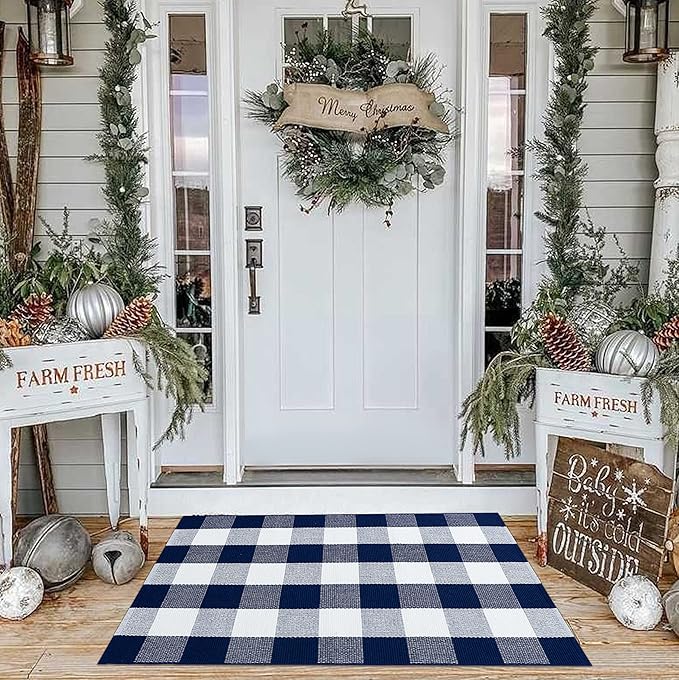 KOZYFLY Buffalo Plaid Area Rugs 27.5x43 Inches Navy and White Checkered Rug Washable Front Door Mat Hand Woven Cotton Outdoor Rug Small Rug for Front Porch Kitchen Entryway Patio Bathroom