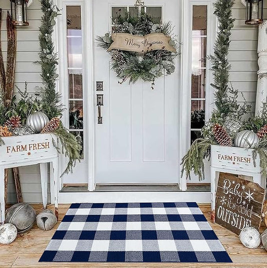 KOZYFLY Buffalo Plaid Area Rugs 27.5x43 Inches Navy and White Checkered Rug Washable Front Door Mat Hand Woven Cotton Outdoor Rug Small Rug for Front Porch Kitchen Entryway Patio Bathroom