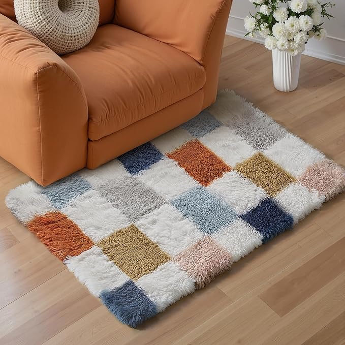 Checkered Area Rug 2x3 for Bedroom, Modern Rainbow Shag Rug Super Soft Runner Carpet Washable Fluffy Rugs for Living Room Bedside Sofa Home Dorm Decor Aesthetic