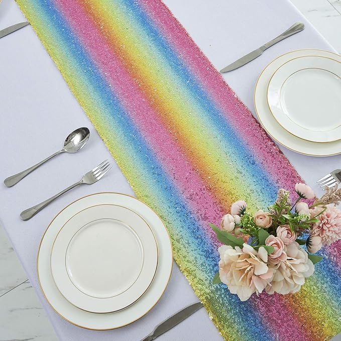 2 Packs 12 x 108 inches Rainbow Sequin Table Runner, Glitter Rainbow Table Runner for Wedding Birthday Bachelorette Holiday Party Supplies Decorations Bridal Shower Baby Shower