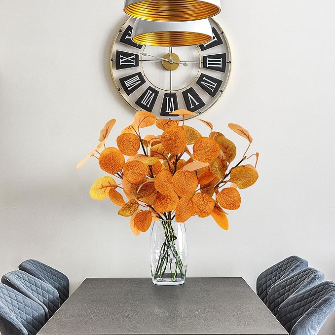 Sggcecsy 6 Pcs Fall Eucalyptus Leaves in Glass Vase 14" Artificial Autumn Stems Silver Dollar Leaves Fake Silk Branches with Vase for Indoor Home Autumn Festival Thanksgiving Decor