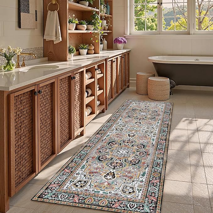 Washable Area Rug 2'6'' x 8' Vintage Traditional Persian Mat - Foldable Distressed Non-Slip Machine Washable Carpet for Living Room Bedroom Kitchen Home Decor - Slate and Multicolor