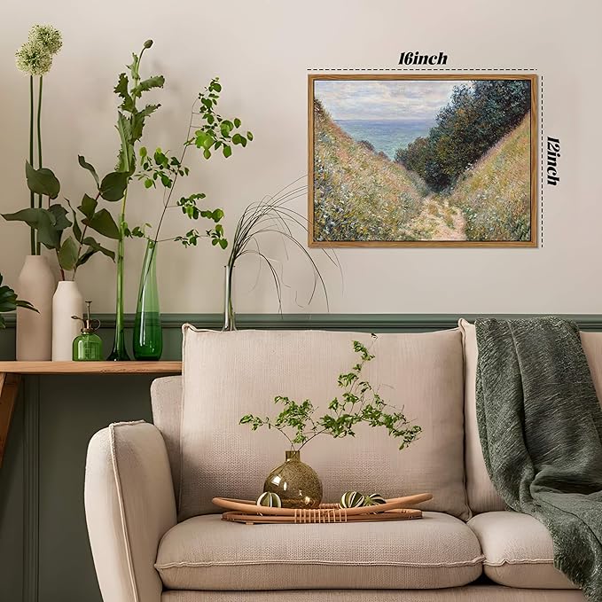 Framed Vintage Monet Wall Art Farmhouse Decor – Impressionist Oil Painting Canvas Prints – Country Landscape Classic Aesthetic Wall Decor for Living Room Bedroom Bathroom – 12''x16''