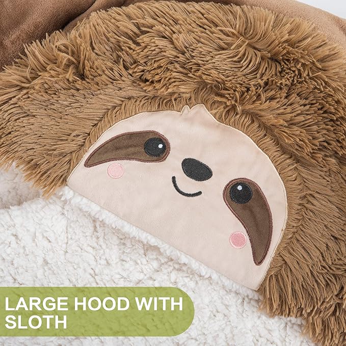 Sloth Wearable Hooded Blanket for Adults - Fluffy Super Soft Shaggy Faux Fur, Fuzzy Warm Cozy Plush Furry Fleece & Sherpa Hoodie Throw Cloak Wrap - Sloth Gifts for Women Adults and Kids