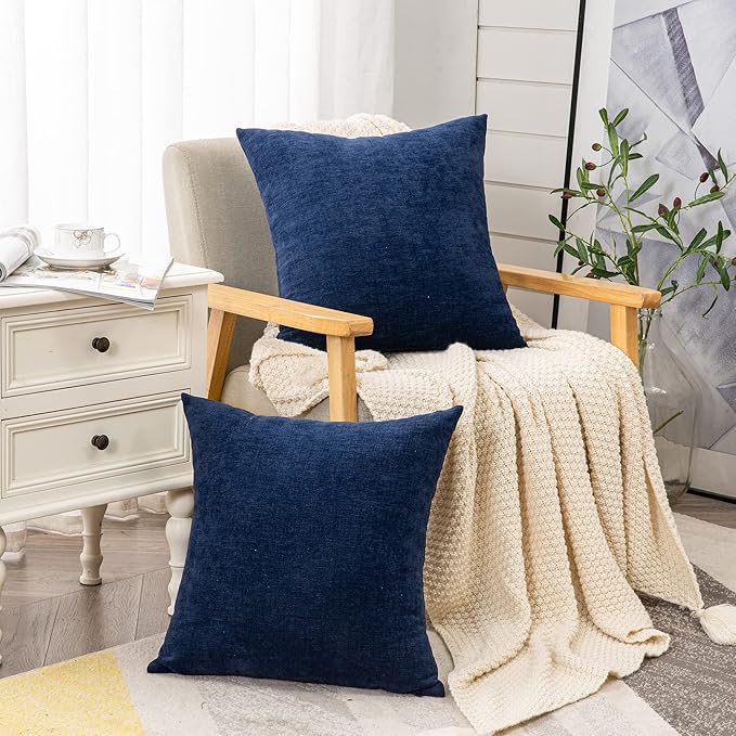GAWAMAY Decorative Square Throw Pillow Covers 20"x20" Inch Set of 2, Super Soft Chenille Pillows Farmhouse Fall Pillowcase for Living Room Bedroom Sofa Couch Cushion Cover Navy Blue 50x50cm