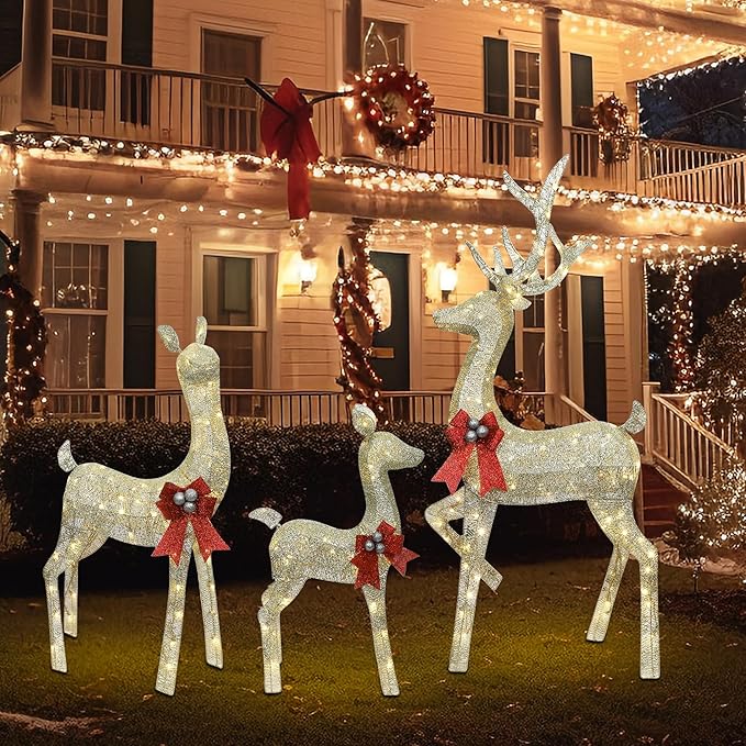 winemana 3 Pcs Christmas Reindeer Decorations Outdoor, Lighted Large Deer Yard Decor Light up 3D Deer Family Set for Outside Indoor Lawn Garden Xmas Holiday Party (Gold)