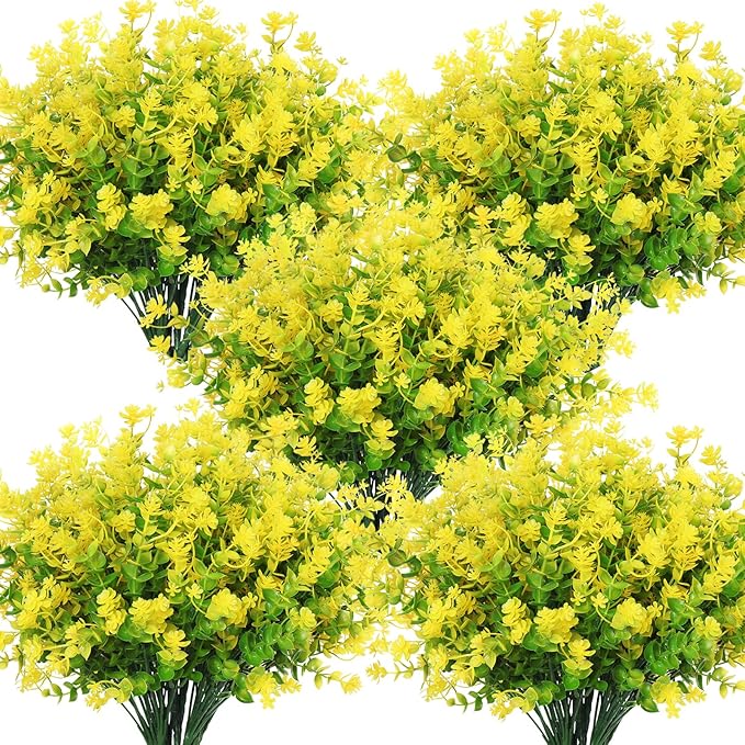 RECUTMS Spring Greenery 10 Bundles Artificial Fake Flowers, Artificial Boxwood Plants,Faux Outdoor Plastic Plants UV Resistant Shrubs Fake Outdoor Plants Outside Indoor Decorations(Yellow)