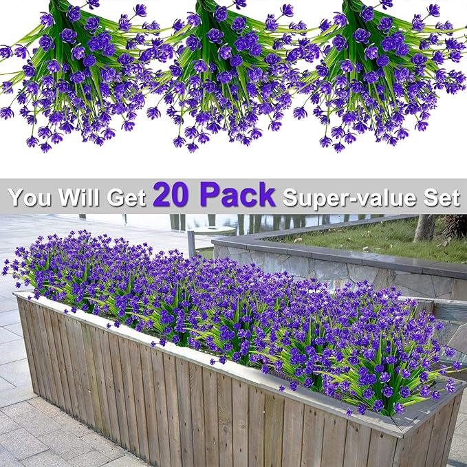 TURNMEON 20 Bundles Artificial Flowers for Outdoors Fake Plants Summer Decor, UV Resistant Artificial Plants Cemetery Fake Flowers Faux Plastic Greenery Shrubs for Home Porch Decor 580 Heads(Purple)