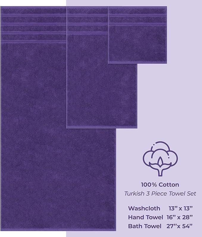 American Soft Linen Premium 3 Piece Towel Set, 1 Bath Towel 1 Hand Towel 1 Washcloth, 600 GSM 100% Cotton Turkish Towels for Bathroom, Purple Towel Set