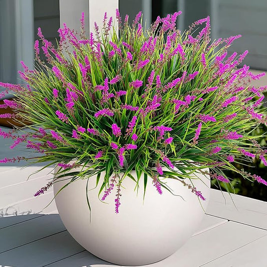 Artificial Flowers Faux Plants for Outdoor Decoration, 12 Bundles Fake Monkey Grass for Home Garden Front Porch Balcony, Lavender Flowers Shrubs UV Resistant No Fade Greenery Bush Planter (Lotus)