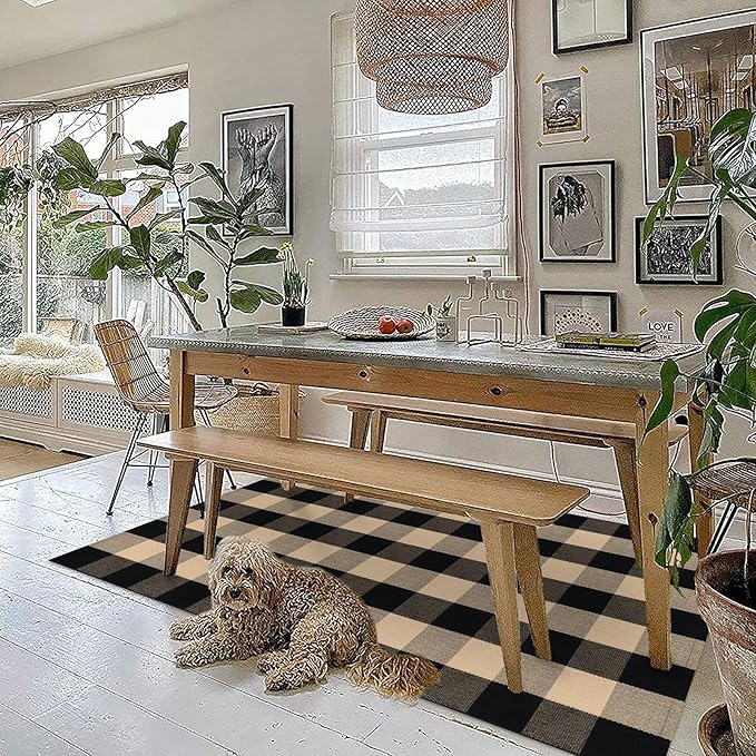 KOZYFLY Buffalo Plaid Area Rugs 3x5 Ft Brown and Black Checkered Rug Washable Front Door Mat Hand Woven Cotton Outdoor Rugs Large Rug for Front Porch Kitchen Entryway Patio Bathroom