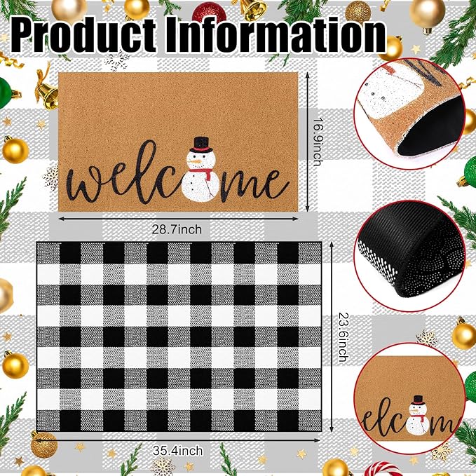2 Pcs Christmas Door Mat Snowman Welcome Non Slip Coir Mats Merry Xmas Black White Buffalo Plaid Floor Layering Doormats Seasonal for Front Porch Entryway Decor(Snowman)