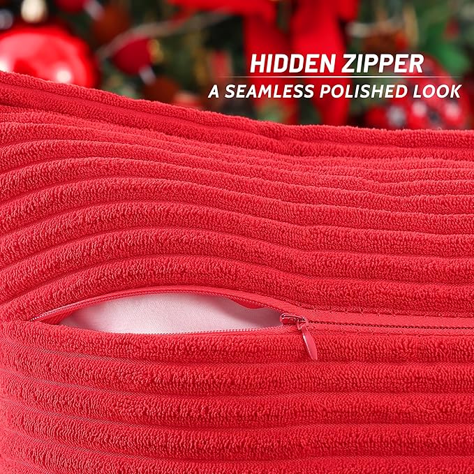 Mecatny Corduroy Throw Pillow Covers 12x20 Set of 2, Neutral Decorative Soft Boho Lumbar Couch Pillow Covers with Broadside for Sofa Living Room, Red