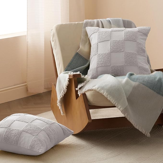 Double Stitch 100% Cotton Throw Pillow Covers - Checkered Tufted Boho Decorative Pillow Covers 20x20, Made in India, Square Cushion Case, Modern Home Decor for Couch, Sofa, Living Room, Winter Sky
