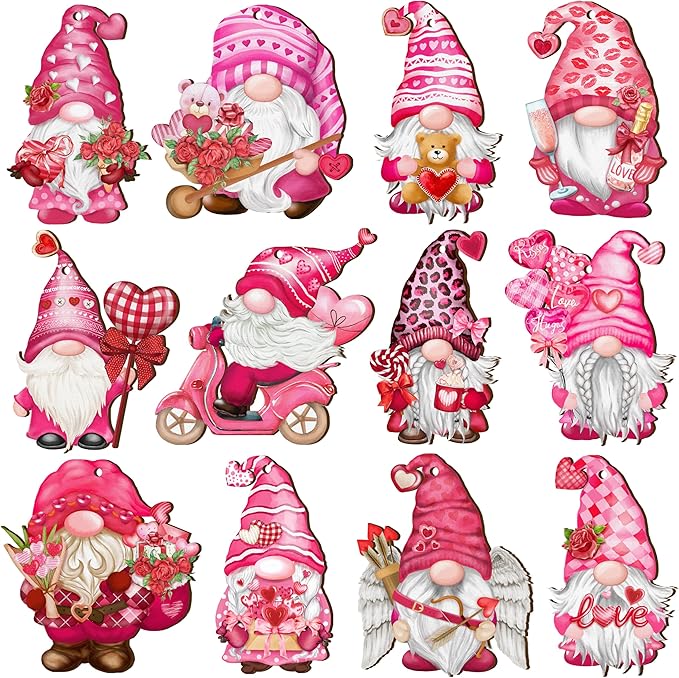 Valentine Wooden Hanging Ornaments, Wood Decor for Tree Decoration, Santa Doll Craft, Gnome Elf Party Supplies (Valentine-Gnomes-A)