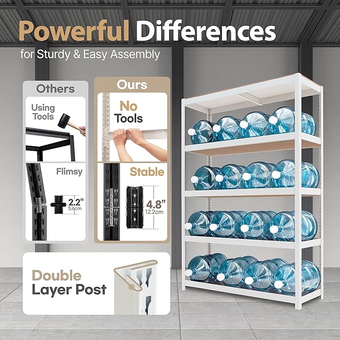 HOMEDANT House Lift-Beam White Boltless Heavy Duty Garage Storage Shelving Adjustable 5-Tier Metal Shelves Laminated Shelf Industrial Utility Rack Pantry 48.1" W x 24.4" D x 71.3" H 1Pack