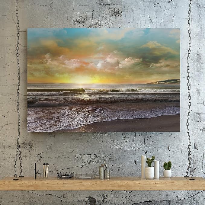 Renditions Gallery Canvas Nature Art Landscape View of Dusk at Calm Ocean Beach Wall Hanging Prints for Office Home Kitchen Decorations - 18"X27" LT08