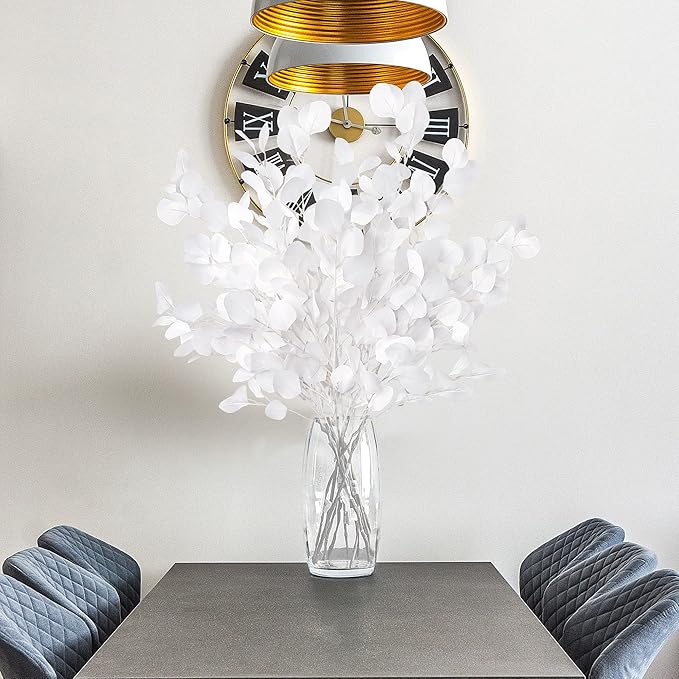 Sggvecsy 6 Pcs Eucalyptus Leaves Artificial Eucalyptus Stems Long Silver Dollar Leaves Faux Leaf Branches Fake Silk Eucalyptus for Spring Summer Home Festival Thanksgiving Christmas Decor (White)